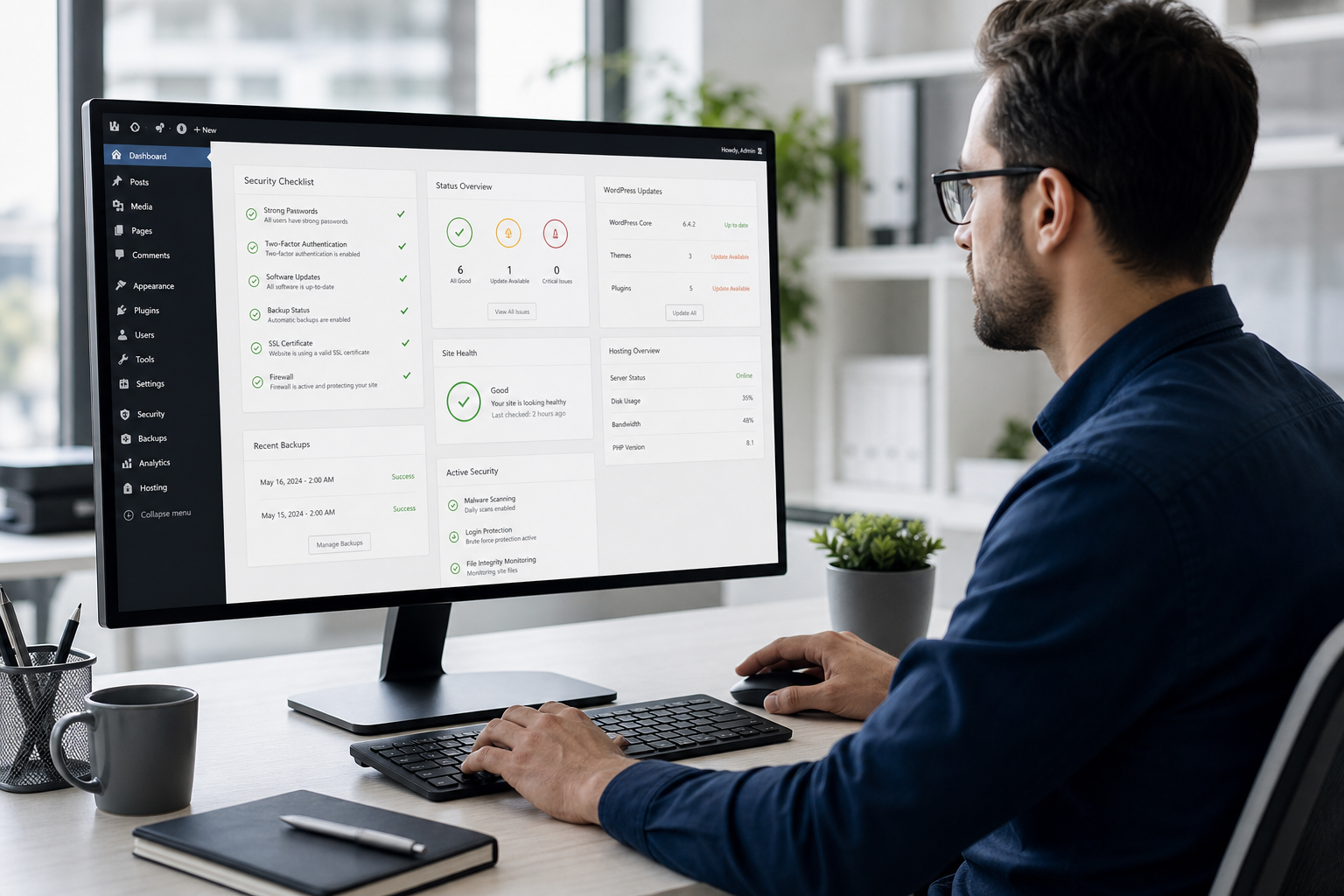 WordPress-Betreiber prüft Hosting-Zugänge, Updates und Sicherheitsmaßnahmen nach einer Warnmail