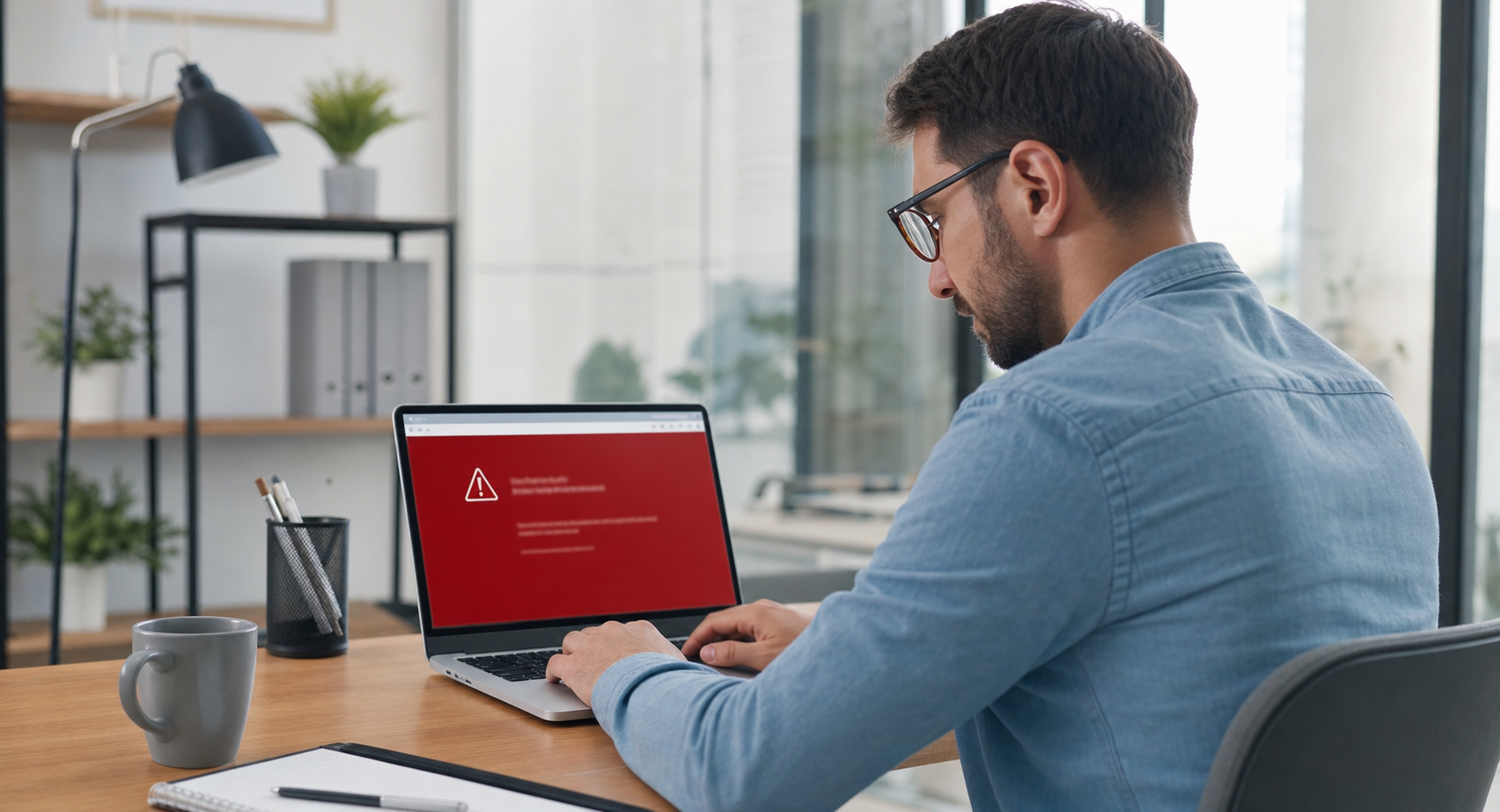 Laptop mit roter Warnseite „Diese Website enthält Schadsoftware" als Symbol für einen WordPress-Sicherheitsvorfall