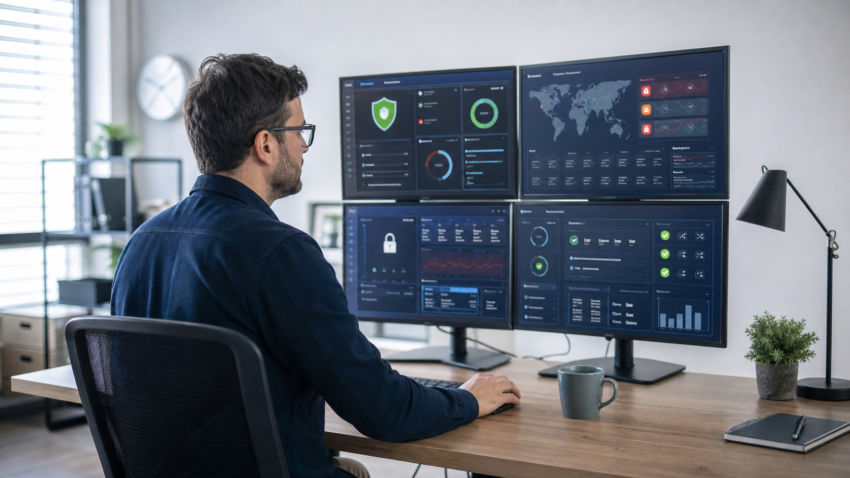 Administrator prüft Firewall, Backups und Login-Schutz einer WordPress-Website
