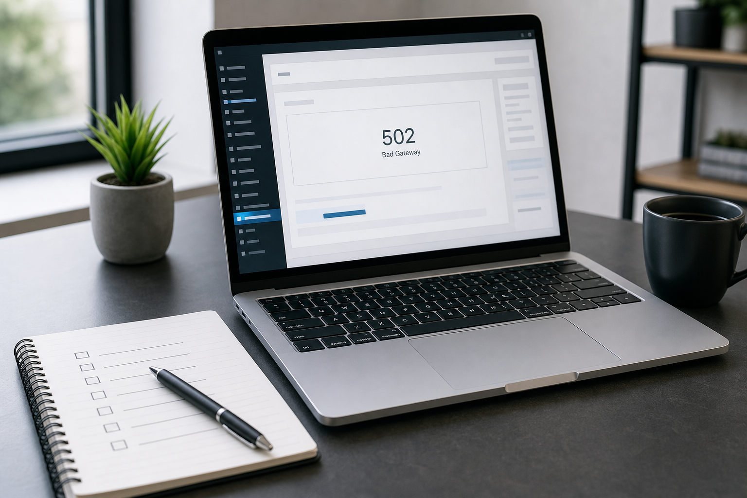 502 Bad Gateway WordPress Fehlermeldung auf einem Laptop mit Support-Checkliste