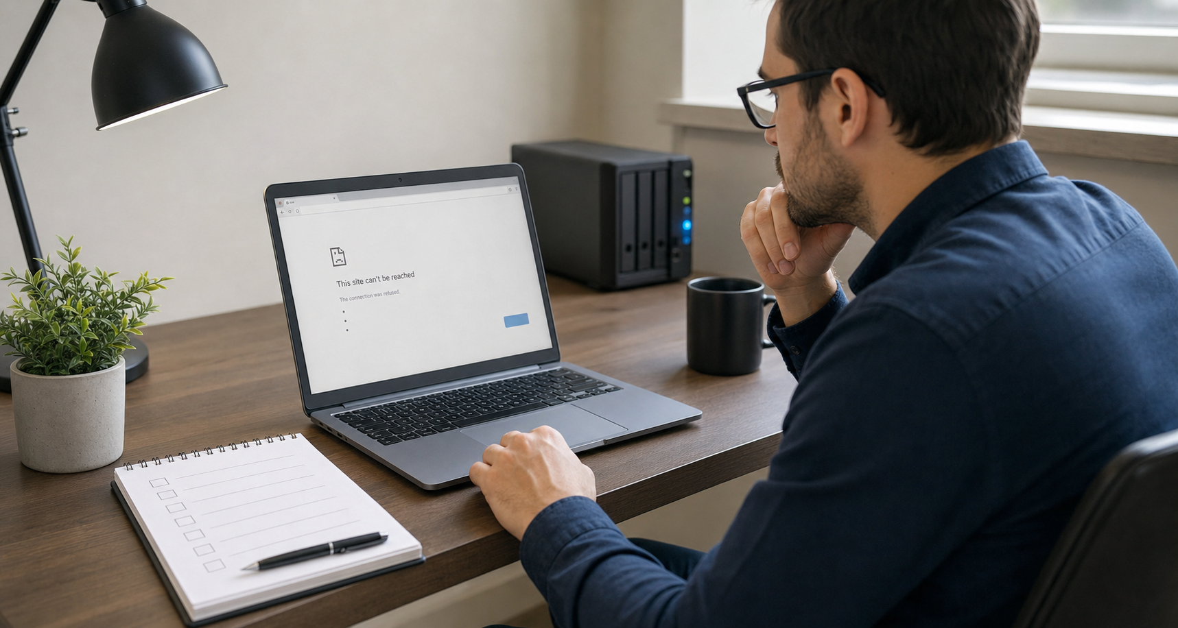 ERR_CONNECTION_REFUSED beheben: WordPress-Betreiber prüft eine Verbindungsfehlermeldung am Laptop