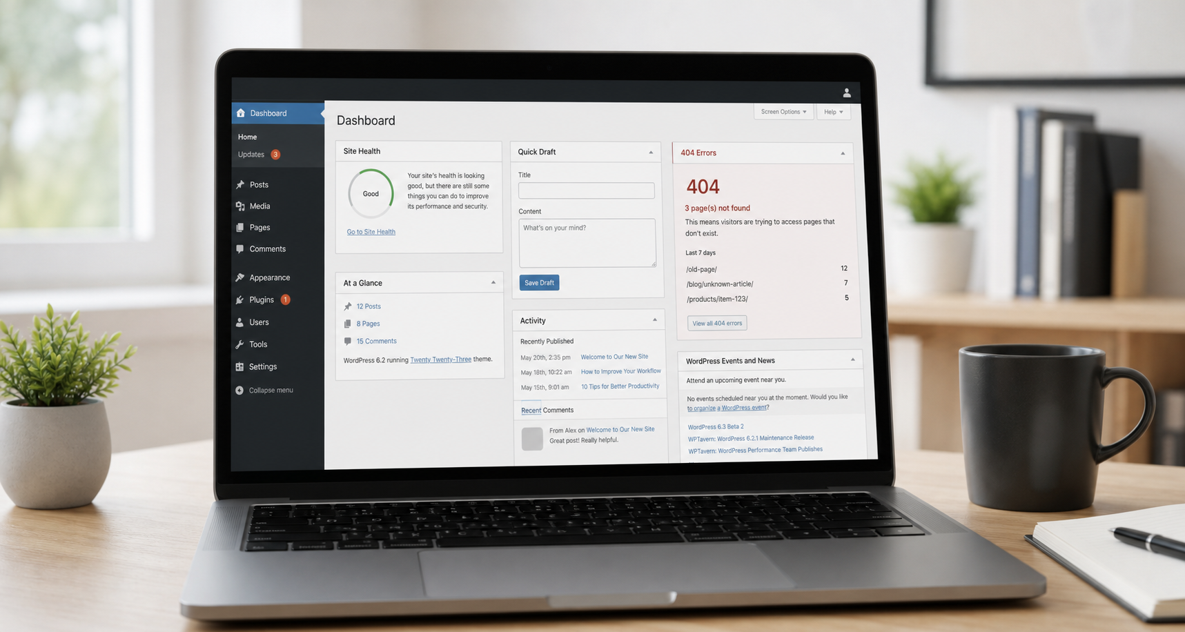 WordPress 404 Fehler beheben am Laptop im WordPress-Dashboard