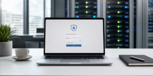WordPress Login-Versuche begrenzen: sicherer Login auf einem Laptop mit Schutzsymbol