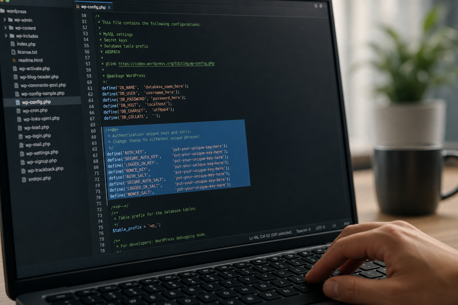 wp-config.php bearbeiten und neue Security Keys und Salts einfügen