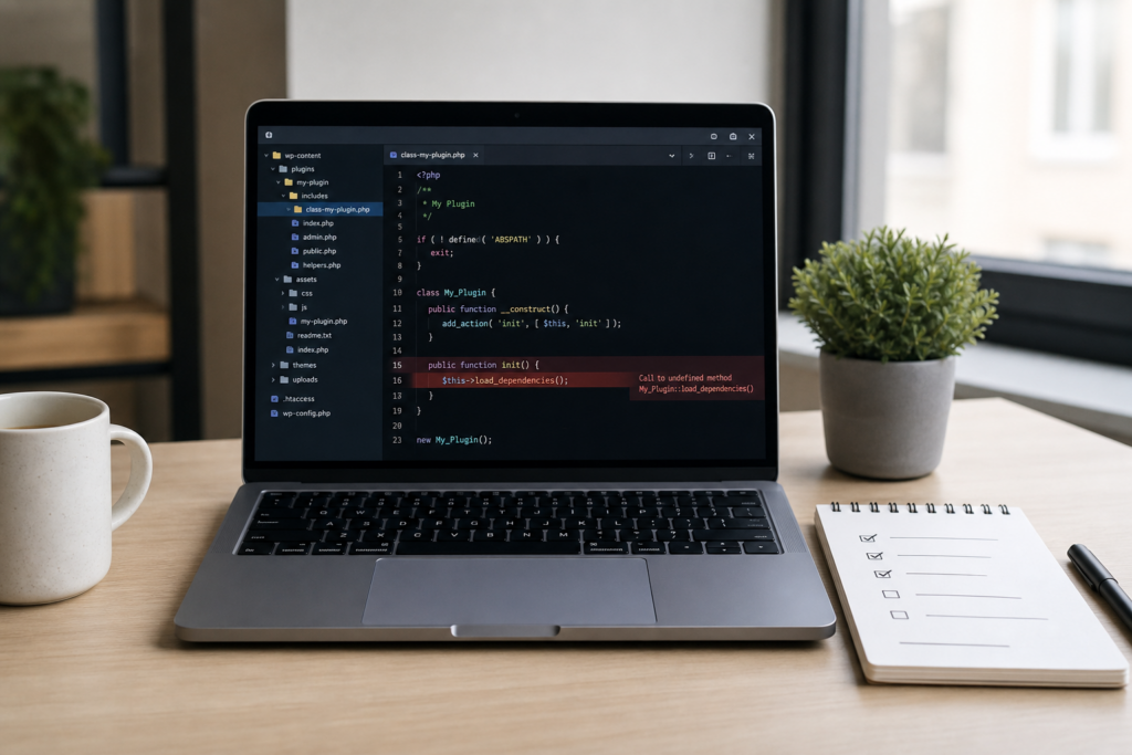 WordPress Syntax Error beheben: Code-Editor mit markierter PHP-Fehlerzeile auf einem Laptop