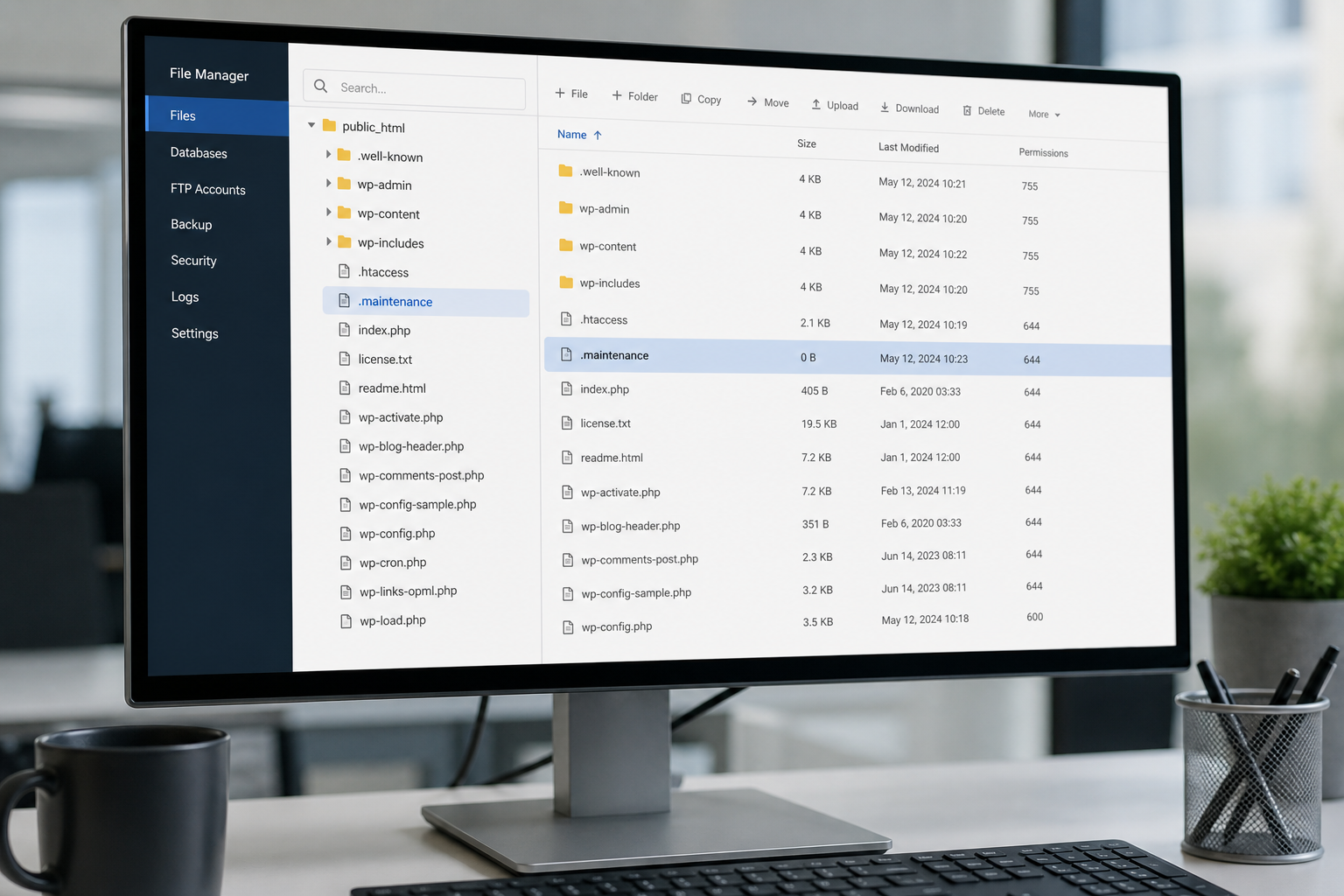 Dateimanager mit .maintenance-Datei im WordPress-Stammverzeichnis