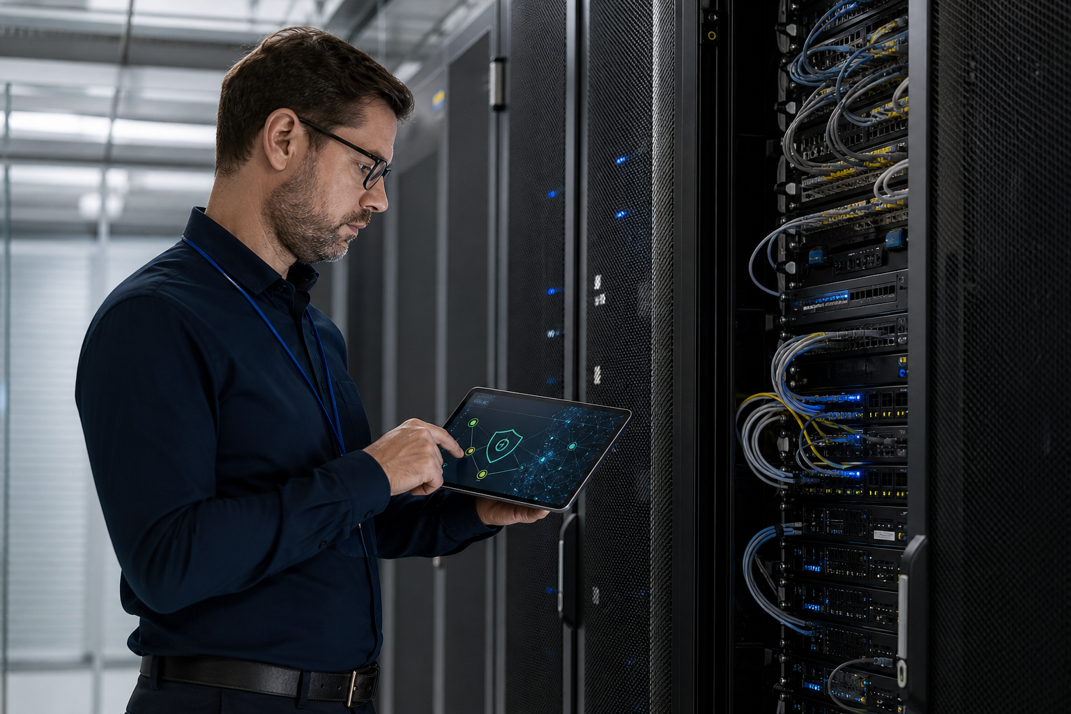 Techniker prüft Firewall, SSL und Origin-Server für eine WordPress-Website