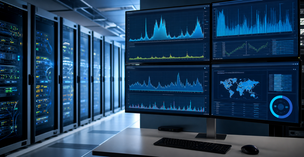 Monitoring-Dashboard für WordPress DDoS Schutz mit Traffic-Spitzen und Serverstatus