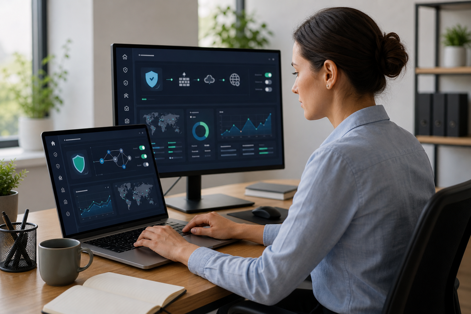 Administratorin prüft Firewall- und CDN-Einstellungen zum Schutz einer WordPress-Website