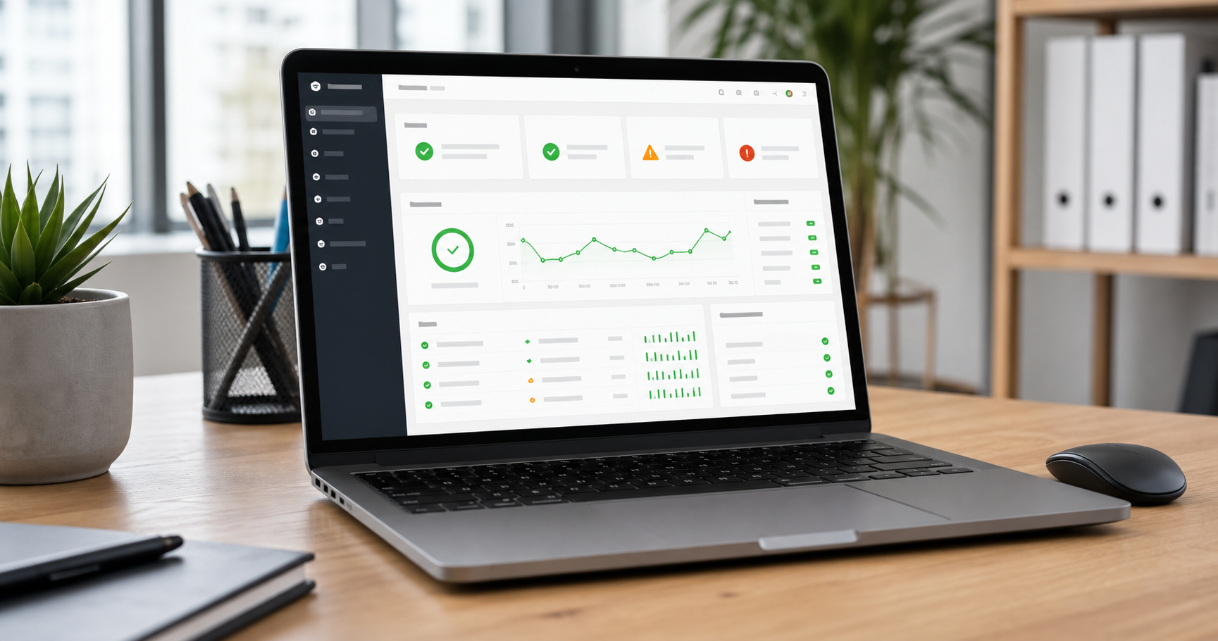 WordPress Monitoring einrichten mit Uptime-Dashboard und Statusanzeigen auf einem Laptop