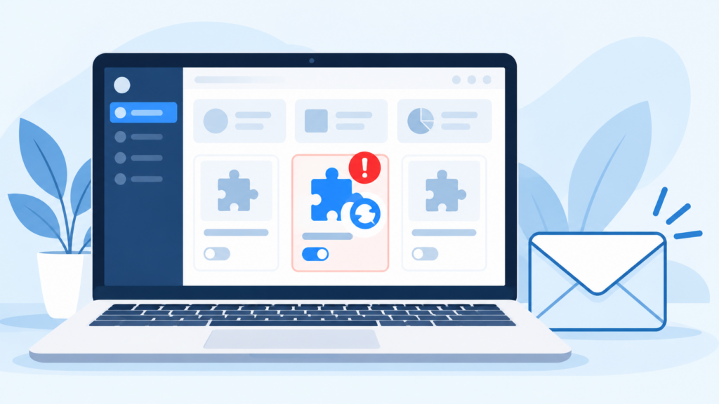 Illustration: fehlgeschlagenes Plugin-Update mit Warnhinweis und Benachrichtigungs-Mail