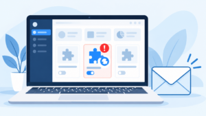 Illustration: fehlgeschlagenes Plugin-Update mit Warnhinweis und Benachrichtigungs-Mail