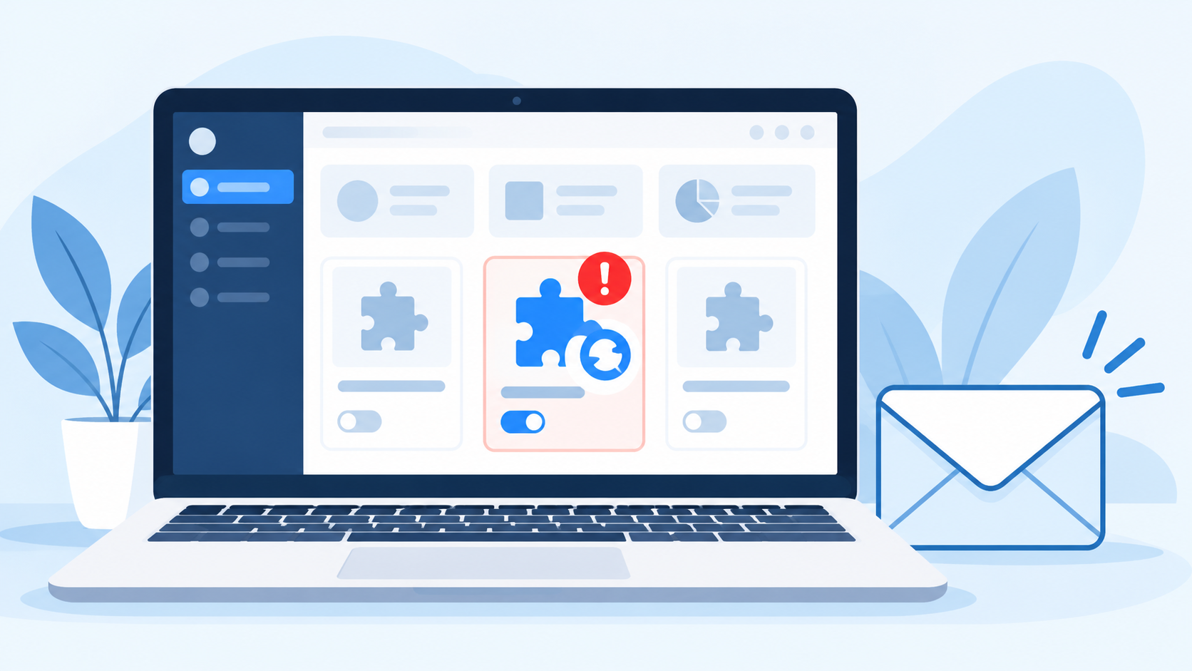 Illustration: fehlgeschlagenes Plugin-Update mit Warnhinweis und Benachrichtigungs-Mail